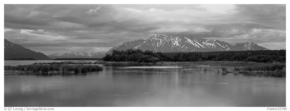 Lake and mountains at sunset. Katmai National Park (black and white)