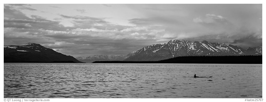 Naknek Lake and mountains with sunset pink clouds. Katmai National Park (black and white)