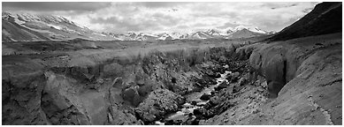 Volcanic landscape with river cutting into ash valley. Katmai National Park (Panoramic black and white)