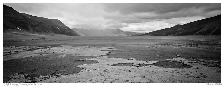 Arid ash plain landscape with colorful deposits. Katmai National Park (black and white)