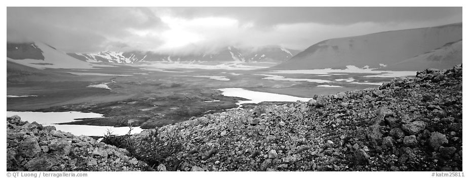 Volcanic landscape with pumice hills surrounding ash valley. Katmai National Park (black and white)