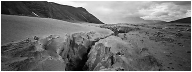 Volcanic landscape with deep gorge cut into ash valley. Katmai National Park (Panoramic black and white)