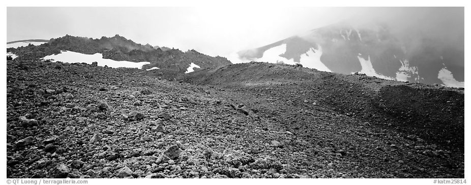 Pumice slopes and misty mountains. Katmai National Park (black and white)