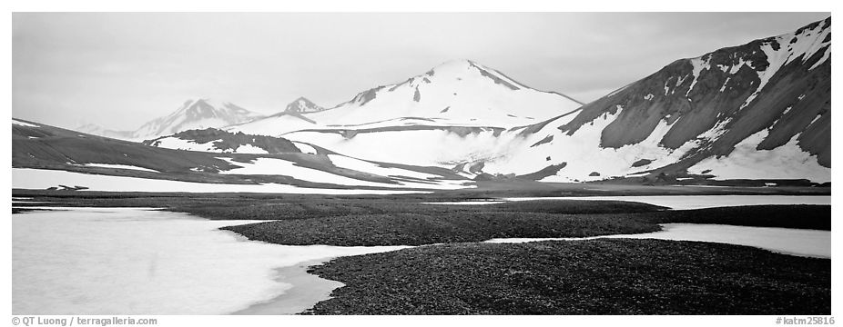 Lichens, snow patches, and snowy peaks. Katmai National Park (black and white)