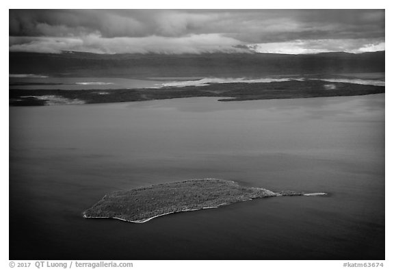 Aerial View of island in autumn foliage contrasting with blue waters, Naknek Lake. Katmai National Park (black and white)