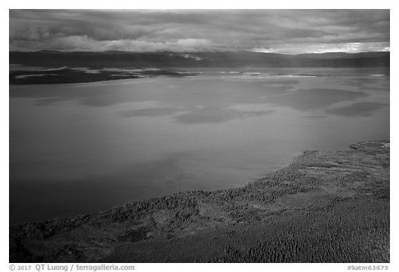 Aerial View of Naknek Lake in autumn. Katmai National Park (black and white)