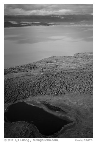 Aerial View of pond, tundra and Naknek Lake in autumn. Katmai National Park (black and white)