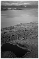 Aerial View of pond, tundra and Naknek Lake in autumn. Katmai National Park ( black and white)