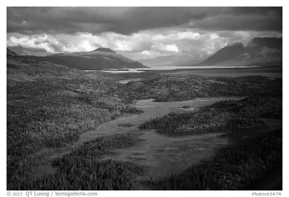 Aerial View of meadows, forest, and Naknek Lake. Katmai National Park (black and white)