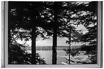 Naknek Lake, Brooks Camp Visitor Center Window Reflexion. Katmai National Park ( black and white)
