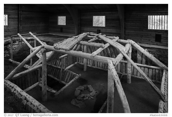 Cultural site with reconstruction of Native dwelling. Katmai National Park (black and white)