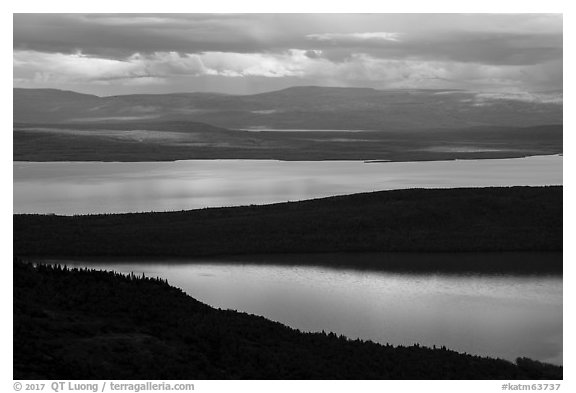 Iliuk Arm and North Arms of Naknek Lake from above. Katmai National Park (black and white)