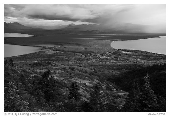 Naknek Lake, Brooks River, and Lake Brooks from above. Katmai National Park (black and white)