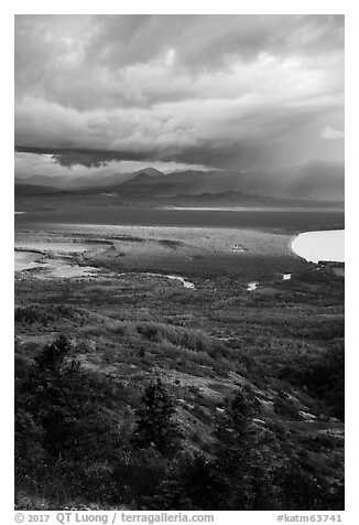 Brooks River area in autumn from above. Katmai National Park (black and white)