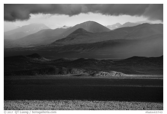 Mountains and clouds in stormy evening light. Katmai National Park (black and white)
