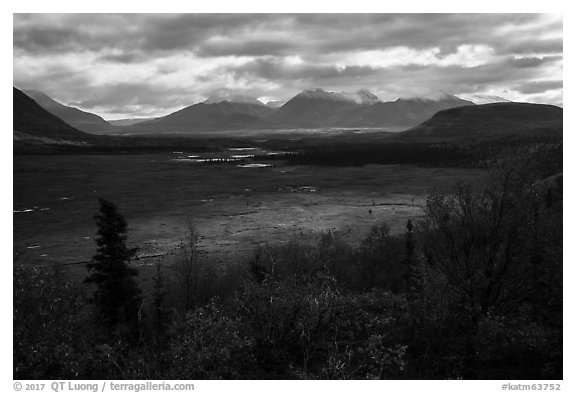 Shaft of light over tundra meadow downstream of Valley of Ten Thousand Smokes. Katmai National Park (black and white)