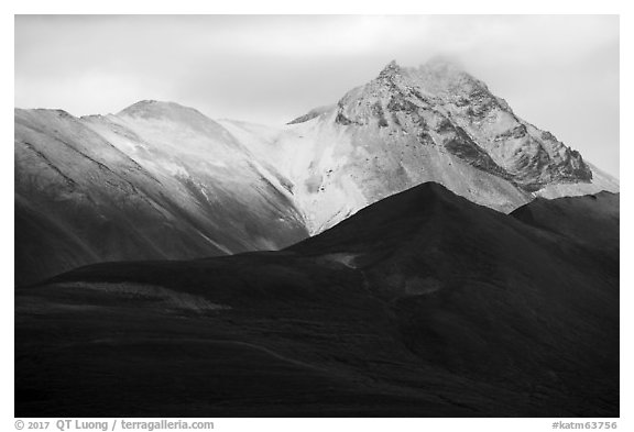 Snowy peaks rising above Valley of Ten Thousand Smokes. Katmai National Park (black and white)