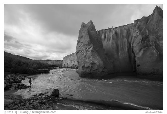 Visitor Looking, Ukak River, Valley of Ten Thousand Smokes. Katmai National Park (black and white)