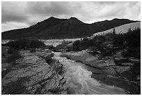 Ukak River flowing on rock bed, Valley of Ten Thousand Smokes. Katmai National Park ( black and white)