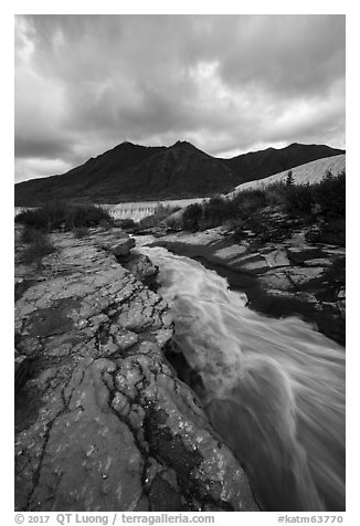Ukak River flowing on hard rock, Valley of Ten Thousand Smokes. Katmai National Park (black and white)