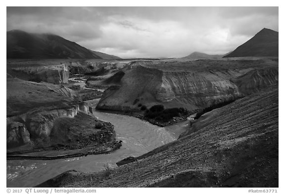 Confluence of the Knife, Lethe, and Windy creek, Valley of Ten Thousand Smokes. Katmai National Park (black and white)