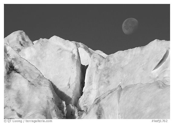 Seracs and moon, Exit Glacier. Kenai Fjords National Park (black and white)