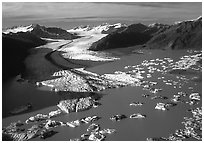 Aerial view of the front of Bear Glacier. Kenai Fjords National Park, Alaska, USA. (black and white)