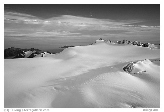 Aerial view of vast glacial system and fjords. Kenai Fjords National Park (black and white)