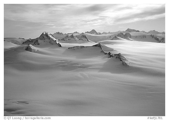 Aerial view of Harding icefield and Nunataks. Kenai Fjords National Park (black and white)