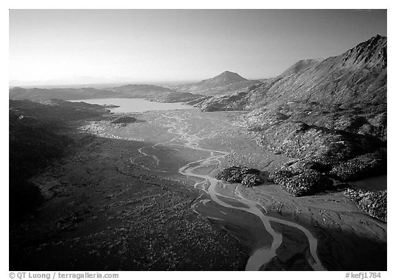 Aerial view of river. Kenai Fjords National Park (black and white)