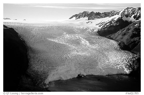 Aerial view of Aialik Glacier front. Kenai Fjords National Park (black and white)