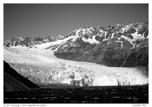 Tidewater glacier and mountains. Kenai Fjords National Park (black and white)