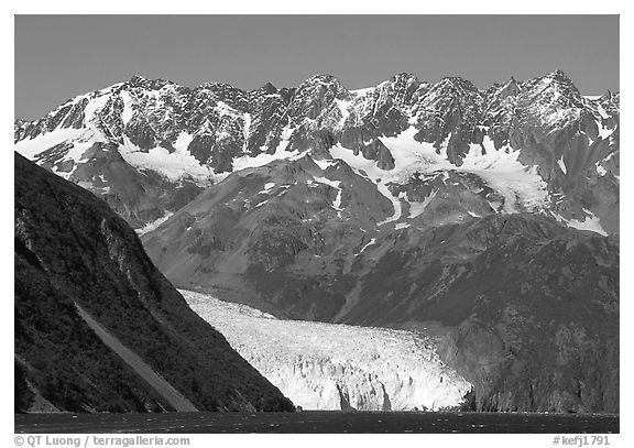 Aialik Glacier, fjord,  and steep mountains. Kenai Fjords National Park (black and white)