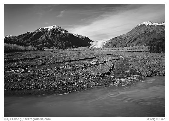 Turquoise Resurrection River and Exit Glacier. Kenai Fjords National Park (black and white)