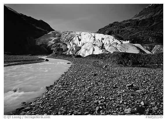 Exit Glacier front and glacial stream, 2000. Kenai Fjords National Park (black and white)