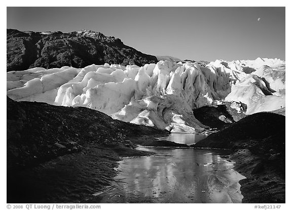 Frozen glacial pond and front of Exit Glacier, 2000, early morning. Kenai Fjords National Park (black and white)