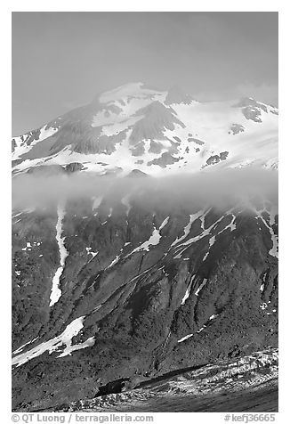 Glacier, and cloud hanging at mid-height of peak. Kenai Fjords National Park (black and white)