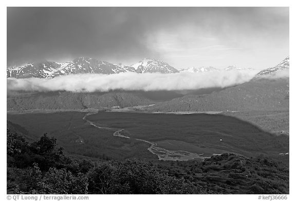 Outwash plain and Resurection Mountains, late afternoon. Kenai Fjords National Park (black and white)