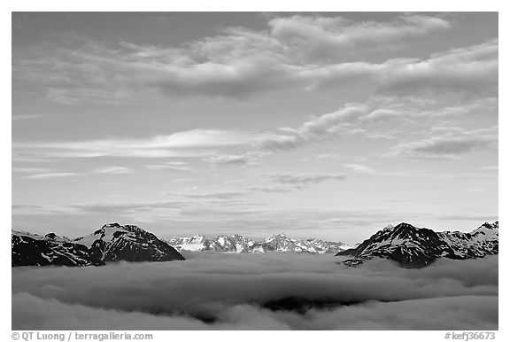 Sea of clouds and Resurection Mountains. Kenai Fjords National Park (black and white)