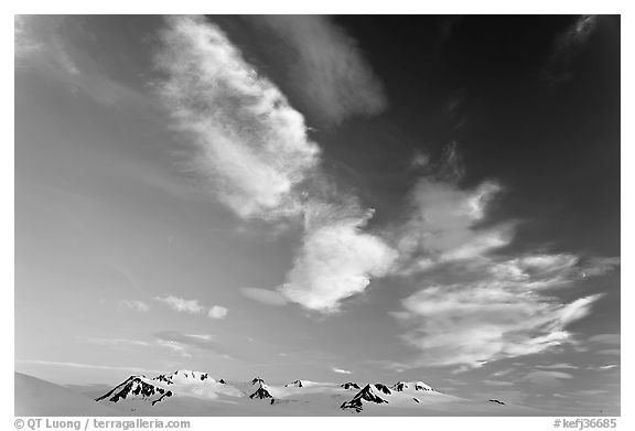 Nunataks and clouds at sunset. Kenai Fjords National Park (black and white)