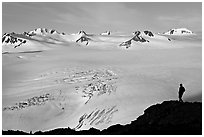 Harding icefield with man standing in the distance. Kenai Fjords National Park, Alaska, USA. (black and white)