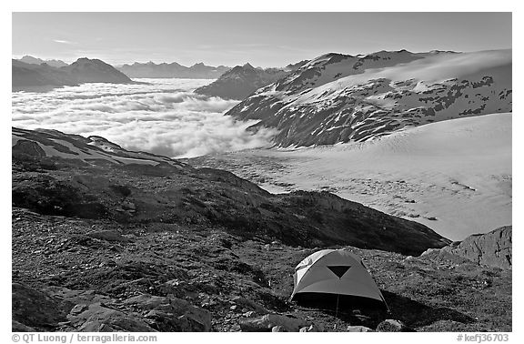 Camping in tent above glacier and sea of clouds. Kenai Fjords National Park (black and white)