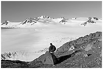 Tent and backpacker above the Harding icefield. Kenai Fjords National Park ( black and white)