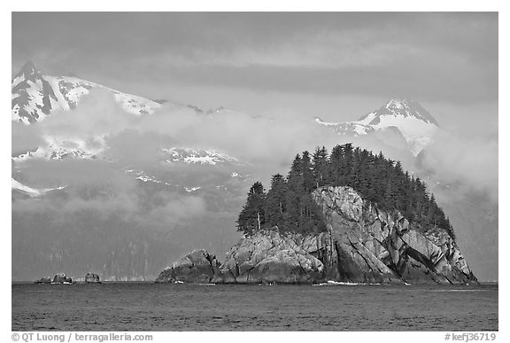 Rocky islet and snowy peaks, Aialik Bay. Kenai Fjords National Park (black and white)