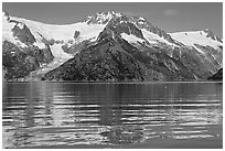 Rippled refections of peaks and glaciers, Northwestern Fjord. Kenai Fjords National Park ( black and white)