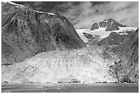 Northwestern tidewater glacier and steep cliffs, Northwestern Fjord. Kenai Fjords National Park, Alaska, USA. (black and white)