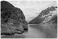Striation Island and glacier in Northwestern Fjord. Kenai Fjords National Park, Alaska, USA. (black and white)