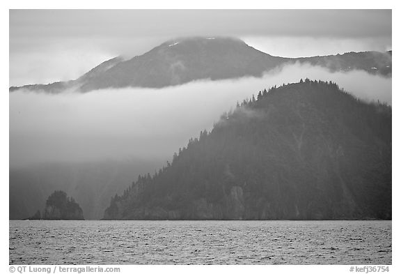Mountains and fog above Aialik Bay. Kenai Fjords National Park (black and white)
