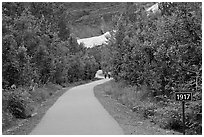 Exit Glacier trail with marker showing glacial retreat. Kenai Fjords National Park ( black and white)