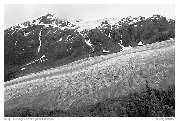 Exit glacier flowing down mountainside. Kenai Fjords National Park, Alaska, USA.